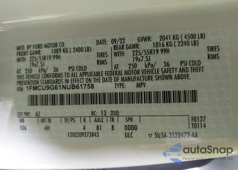 2022 Ford Escape Se z USA, uszkodzony, nr VIN 1FMCU9G61NUB61758